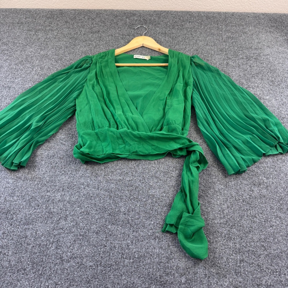 Alice + Olivia Wrap Top Women Small Green Pleated Silk Bell Sleeve Blouse